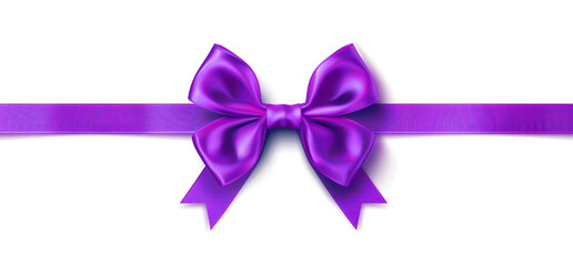 Purple ribbon bow with long horizontal satin purple ribbon on white background
