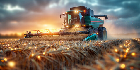 Fototapeta premium A blue and green combiner machine working in a golden wheat field under a clear sky.