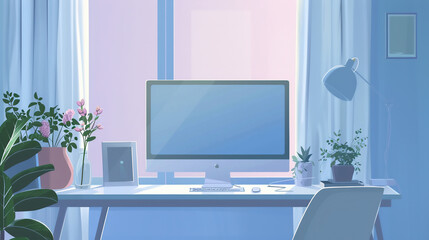 Illustration of an office desk with a computer monitor in front of large windows with soft  light, digital art,  minimalist scene, pastel blue and pink tones