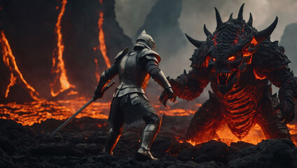 Epic Battle, Knight Confronts Lava Demon in Hell