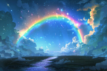 Cloud fairytale, where celestial wonders of vibrant rainbow and glistening Milky Way converge in a symphony of colors and light,