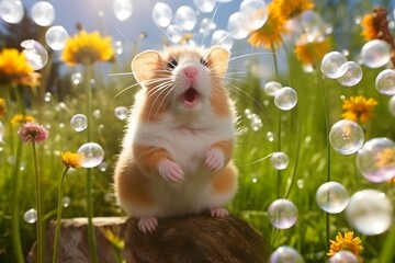 A cute, curious hamster pauses its exploration of a grassy field or meadow to stand up on its hind...