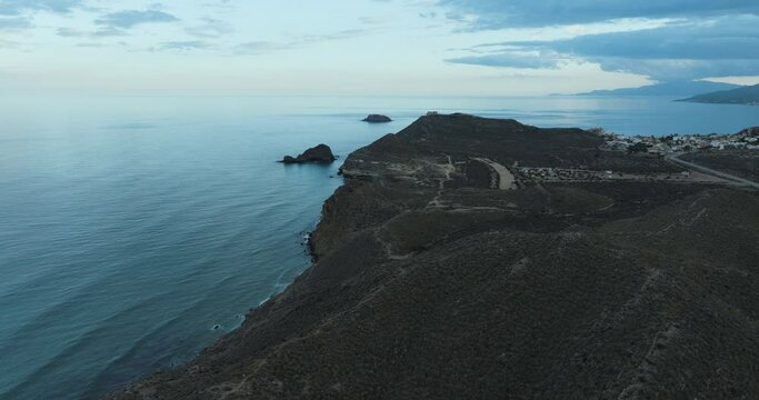 Aerial view of Bay de los Taray with rocky cliffs and hills, Almeria, Spain.
