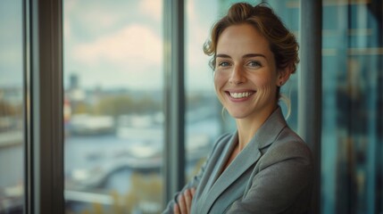 Confident Businesswoman in Office Overlooking Cityscape, Professional Setting, Diversity in Business, Corporate Environment, Smiling Woman