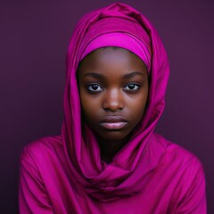 Magenta background sad black independent powerful Woman. Portrait of young beautiful bad mood expression girl Isolated on Background racism skin color 