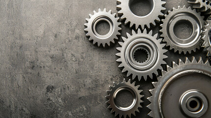 Different stainless steel gears on grey background