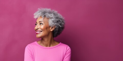 Magenta Background Happy black american independant powerful Woman realistic person portrait of older mid aged person beautiful Smiling girl Isolated on Background ethnic diversity 