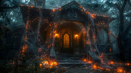 Fototapeta premium A spooky Halloween scene with cobwebs covering a haunted house porch, illuminated by eerie lighting