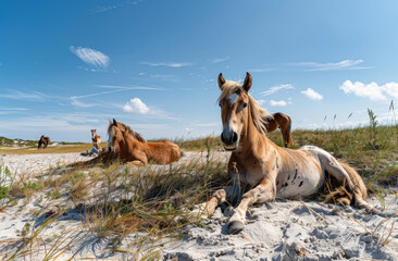 A herd of Lolas, a breed that resembles the wild horses on Shiningbedecked Island in New York in USA
