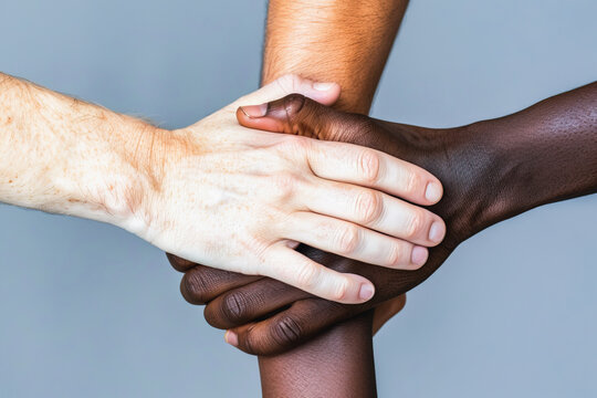 Different hands join hands with team spirit on plain color background, unity and friendship.