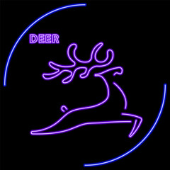 Obraz premium deer neon sign, modern glowing banner design, colorful modern design trend on black background. Vector illustration.