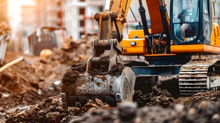 Closeup bucket of backhoe digging the soil at construction site. Crawler excavator digging on demolition site. Excavating machine. Earth moving equipment. Excavation vehicle 