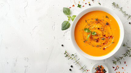 Dish with pumpkin cream soup on white background top 