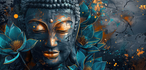 Fototapeta premium A large gold Buddha head with lotus flowers in the background, abstract digital art