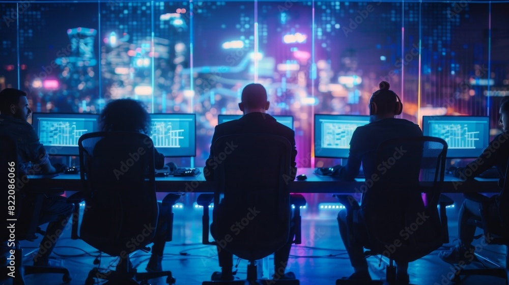 Poster a row of faceless figures sitting at computer screens constantly typing away while absorbed in deep 