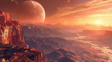 A rocky exoplanet with towering mountains and vast canyons under a red sky,