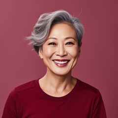 Maroon Background Happy Asian Woman Portrait of Beautiful Older Mid Aged Mature Smiling Woman good mood Isolated Anti-aging Skin Care Face Beauty Product Banner 