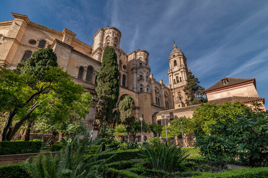A glimpse of the Cathedral of Malaga, Spain, surrounded by greenery