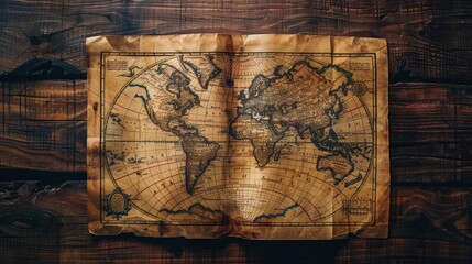 Naklejka premium An antique map spread out on a wooden table, depicting the continents and hemispheres with detailed cartographic illustrations, evoking a sense of historical exploration an