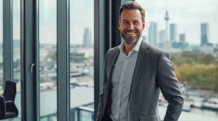 Fototapeta premium Confident Businessman in Modern Office with Urban Cityscape, Professional Portrait for Corporate Use