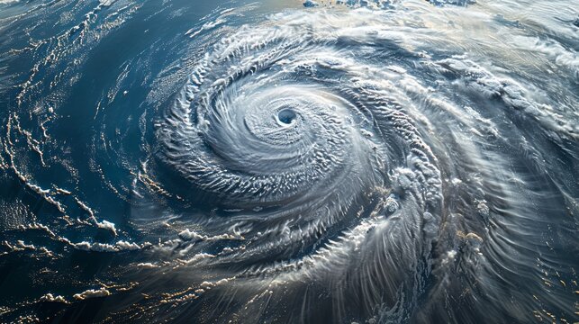 A satellite image of a hurricane or cyclone swirling over the ocean, showing the distinct eye and spiral bands of the storm, illustrating the power and scale of natural