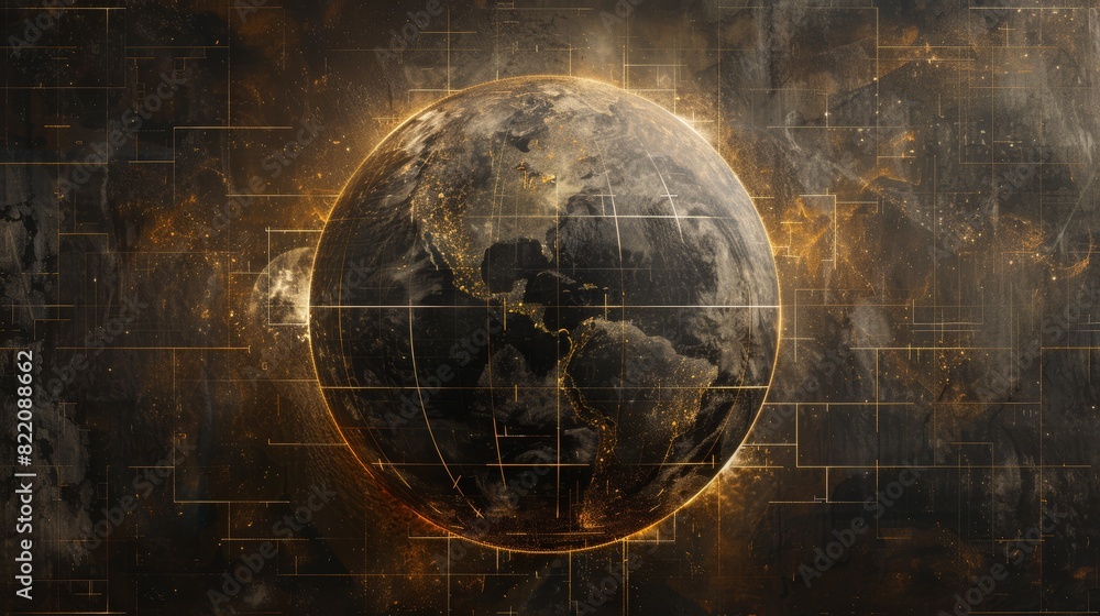 Aufkleber a digital artwork showing earth's meridians and parallels as glowing lines on a dark background, cre