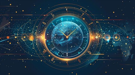 An infographic illustrating the relationship between Earth's axis, meridians, and time zones, demonstrating how these elements are interconnected and affect global