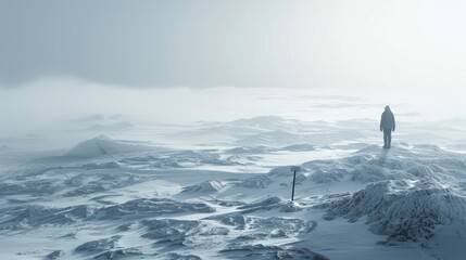 A creative photo manipulation showing a person standing at the North Pole marker, surrounded by icy landscapes and a clear sky, highlighting the remoteness