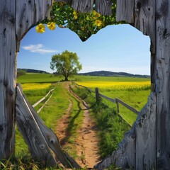 Fototapeta premium A beautiful rural scene captured through a heart-shaped opening in a weathered wooden fence. 