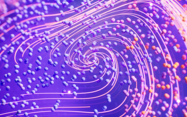 Flowing curve lines and particles, 3d rendering.