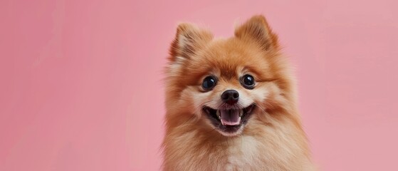 Adorable Pomeranian portrait, Joyful pet dog, Animal banner, Copy space, Fluffy and happy Pomeranian, Cute dog face
