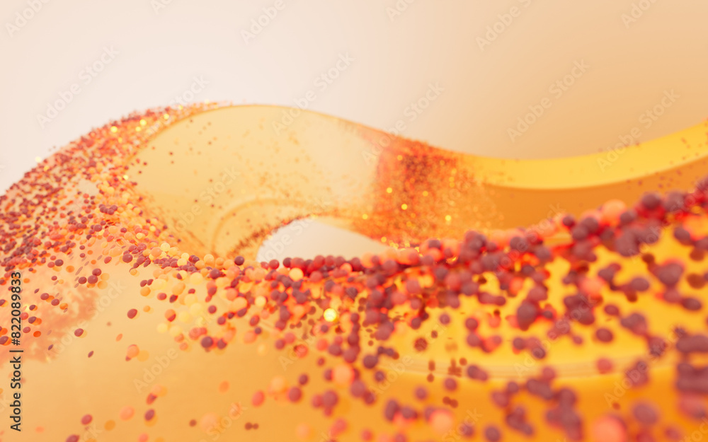 Poster transparent glass geometry with flowing particles, 3d rendering.