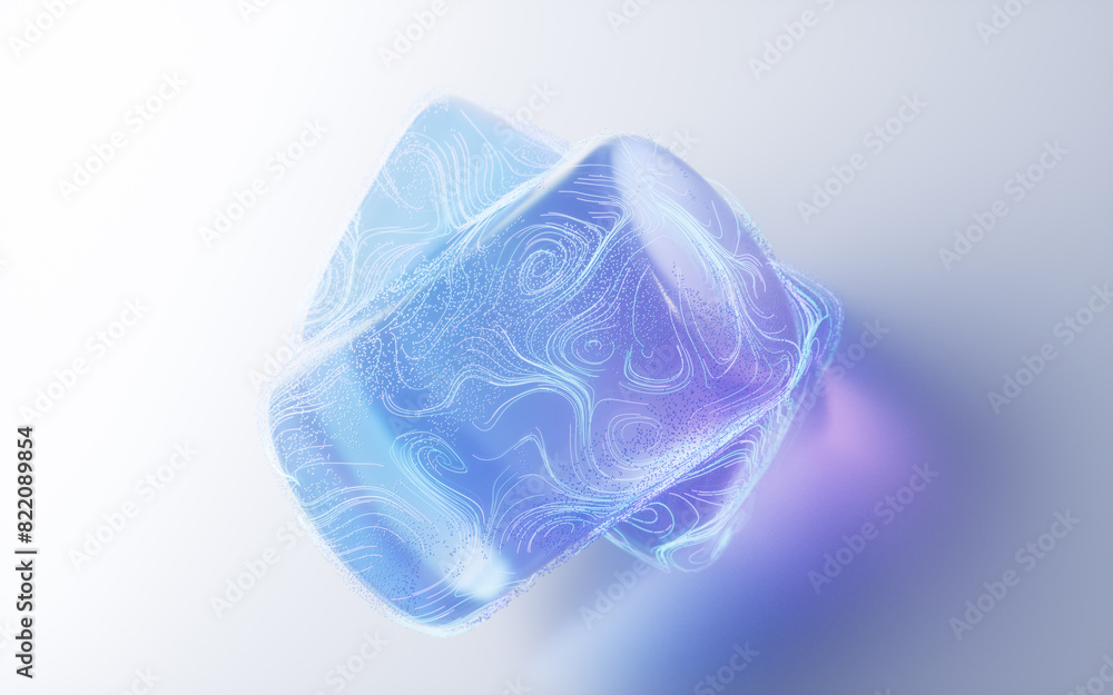 Sticker Transparent glass geometry with flowing particles, 3d rendering.