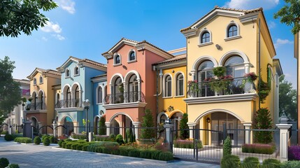 Fototapeta na wymiar Colorful stucco finish traditional private townhouses. Residential architecture exterior. Created with generative Ai 