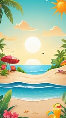 Obraz premium Sunset on summer beach background illustration. ocean sunset scenery. Colorful tropical beach landscape. Tropical Beach at Sunset with Palm Trees