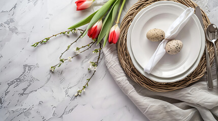 Festive Easter table setting with beautiful tulips and