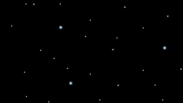 Animated pixel art space background. Glowing stars moving horizontally seamless looping animation on black. Retro video game outer space concept. 4K motion design.