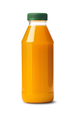 A bottle of orange juice exudes freshness on a pristine white background. Mockup for design. Isolated.
