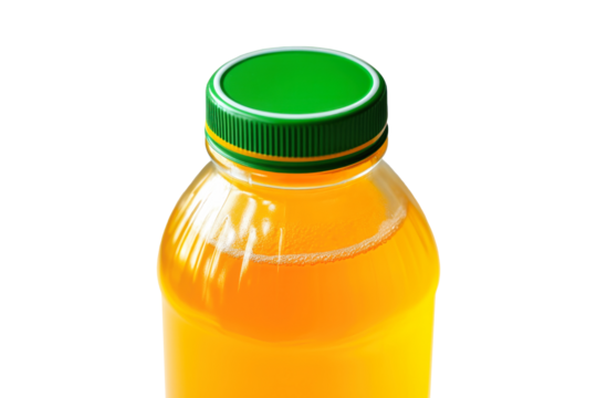 A vibrant bottle of orange juice dances gracefully on a white stage, showcasing its refreshing and energizing essence. Mockup for design. Isolated.