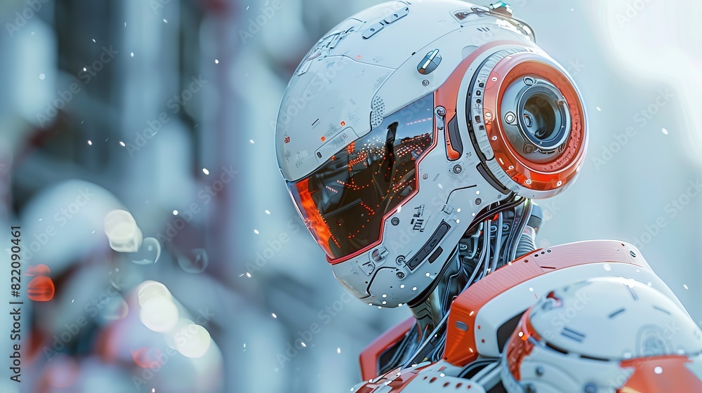 Poster close-up of a futuristic robot with a detailed helmet, standing in a snowy environment, showcasing a
