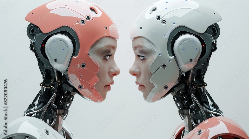 Poster close-up of two humanoid robots, one in pink and one in white, facing each other, showcasing advance
