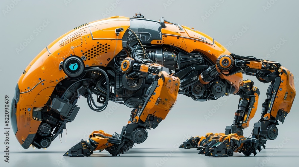 Poster detailed view of an orange quadruped robot showcasing advanced mechanical design and technology, set