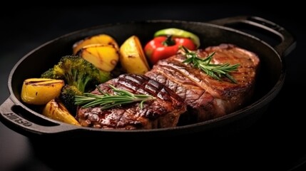 American food concept. Grilled beef steak with grilled vegetables in a cast iron skillet
