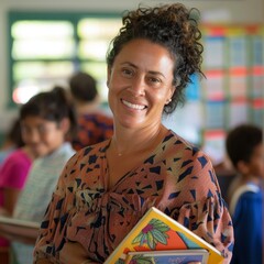 Elementary school teacher smiling while holding book