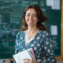 Woman 30 years old, smiling, teacher, standing with notebooks in hands near the school board