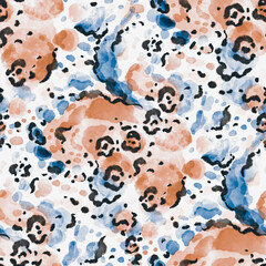 Watercolor seamless pattern with beautiful bright abstract elements and leopard spots. Colorful animalistic texture for any kind of a design. Contemporary art. Trendy modern style.	