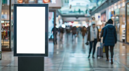 a blank modern digital signage screen in the middle of a busy shopping mall