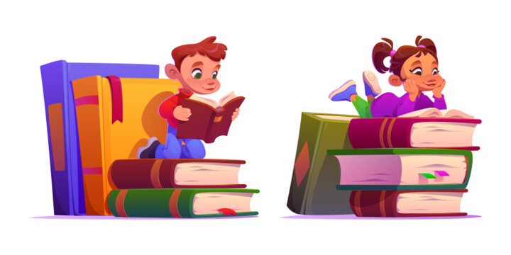 Girl kid and boy read school library book cartoon. Happy student children character learn textbook in preschool. Lesson homework for clever toddler clipart set. Fairytale story reader collection