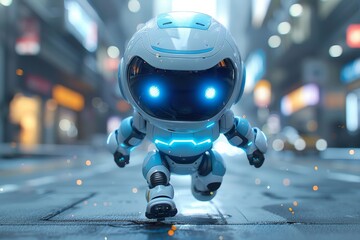 Cute and cheerful, this 3D rendering depicts a white robotic teen child toy, complete with a winning smile and engaging gestures.