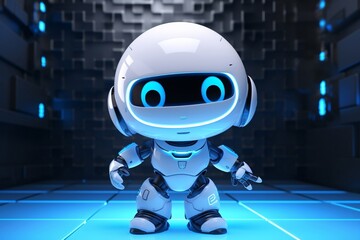 Cute and cheerful, this 3D rendering depicts a white robotic teen child toy, complete with a winning smile and engaging gestures.